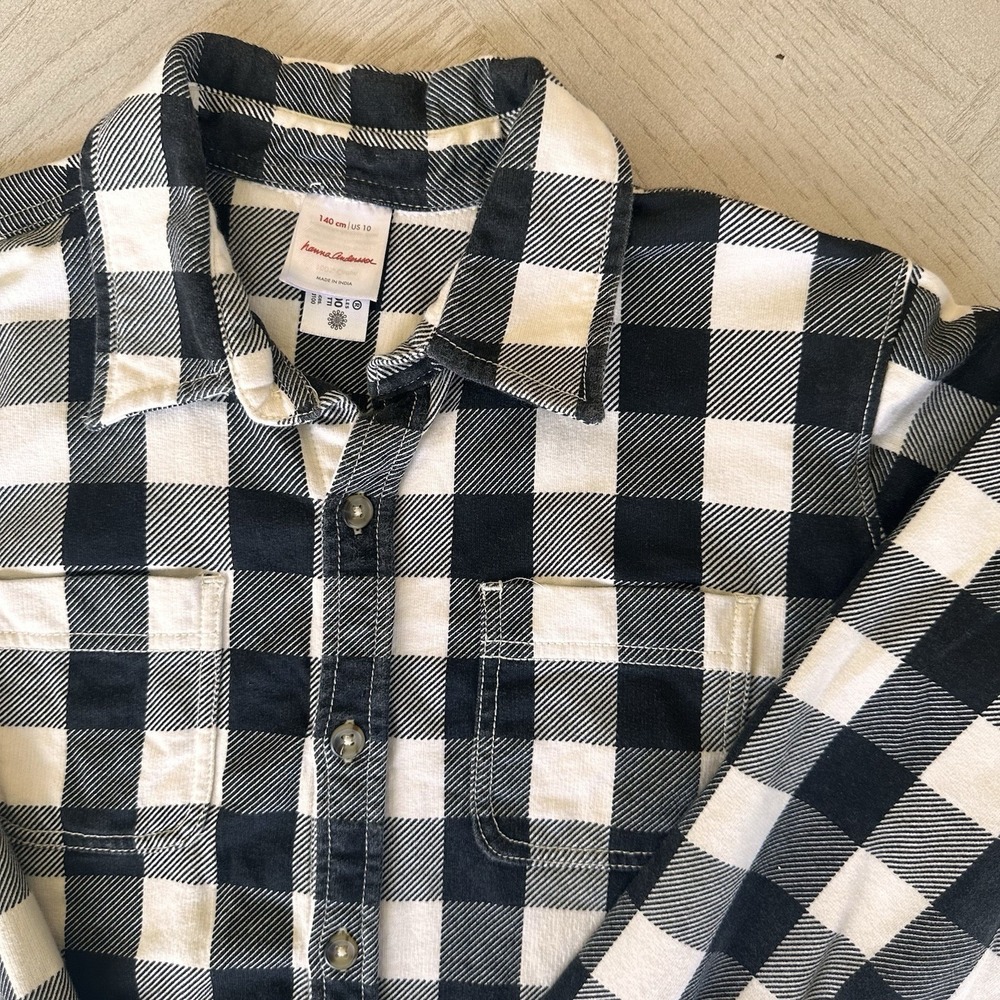 Hanna Andersson 140 Boys Sz 10 Flannel‎ Shirt Check Plaid Black Button Up Cotton